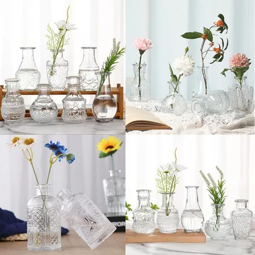 Miniatura 8 de Juego de 12 jarrones de cristal con brocha, jarrones de cristal para centros de mesa lindos, mini jarrón transparente a granel para decoraciones