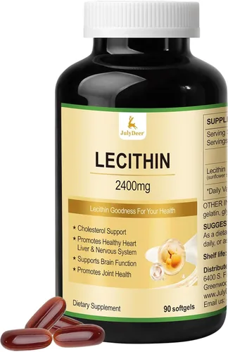 JulyDeer Lecitina de girasol 2400 mg 90 cápsulas blandas ricas en fosfatidilcolina, sin OMG, sin soja, suplemento sin gluten, soporte del sistema