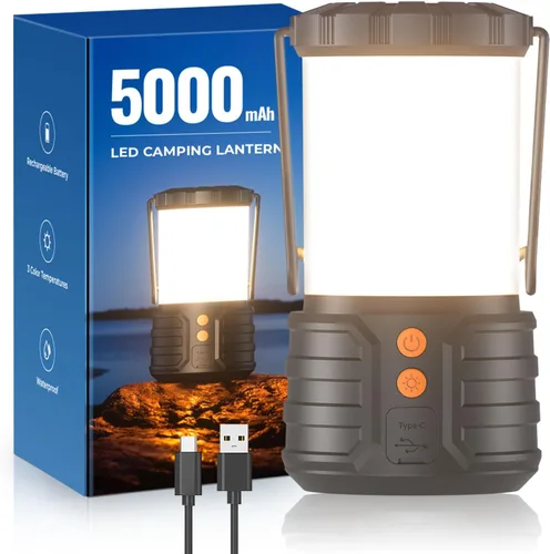 Linterna de camping, batería recargable de emergencia de 5000mAh, luces para cortes de energía, 3 colores, linterna portátil impermeable IPX4 para