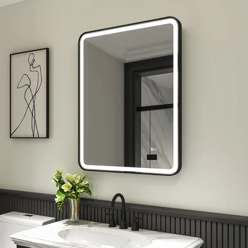 Miniatura 10 de WELLFOR Espejo LED enmarcado de 48 pulgadas de ancho x 36 pulgadas de largo, espejo rectangular de esquina redondeada de metal con luces para baño