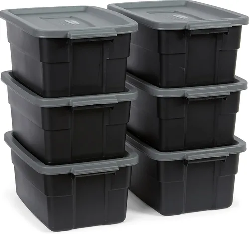 Rubbermaid Paquete de 6 Contenedores Resistentes y Duraderos de 3 GAL para Almacenamiento con Tapas a Presión y Asas, Contenedores de Almacenamiento