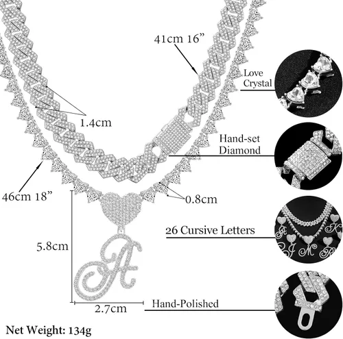 Miniatura 6 de DLSIXNCO Cadena de eslabones cubanos de plata para mujer, collares en capas con iniciales cursivas en forma de corazón, collar con colgante