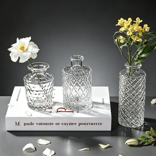 Juego de 3 jarrones de cristal pequeños minimalistas para flores, decoración rústica vintage del hogar para centro de mesa, boda, fiesta, botella de