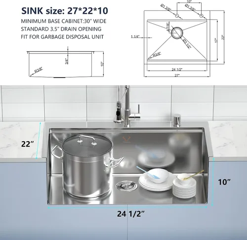 Miniatura 4 de Fregadero de cocina de 27 x 22 pulgadas, montaje superior de calibre 16, radio apretado, cuenco individual, 2 agujeros, fregadero de cocina de acero