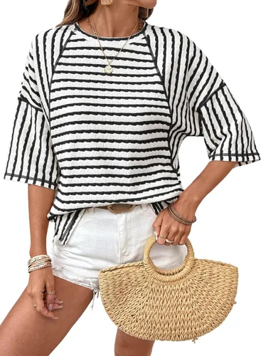 Miniatura 21 de Dokotoo Camisetas de verano para mujer, camisetas de gran tamaño para mujer, a rayas, bloques de color, manga corta, cuello redondo, blusas casuales