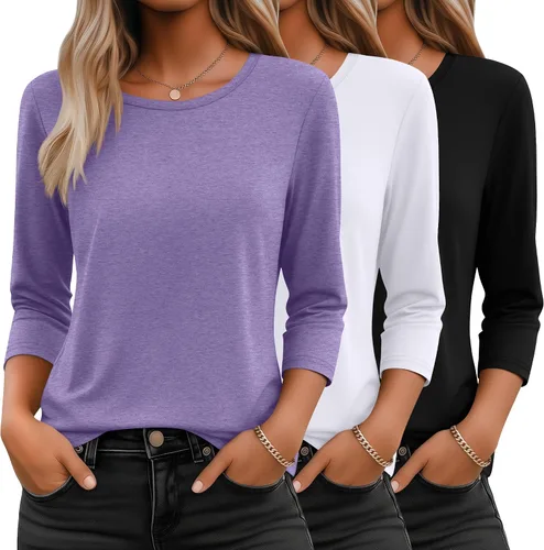Miniatura 7 de Ficerd Paquete de 3 camisetas de manga 3/4 para mujer, cuello redondo, camisetas básicas elegantes, casuales, modernas, holgadas