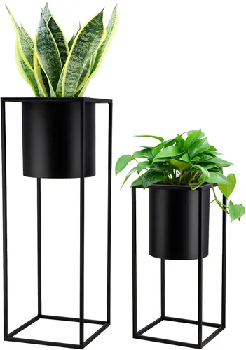 TRIROCKS Juego de 2 macetas grandes de metal con soporte para plantas de interior de 28 y 18 pulgadas de alto para sala de estar, esquina, cocina,