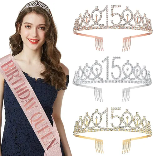 Miniatura 7 de Juego de banda y tiara de cumpleaños de 15 años, banda y corona de cumpleaños de 15 años, regalos de feliz cumpleaños 15 para suministros