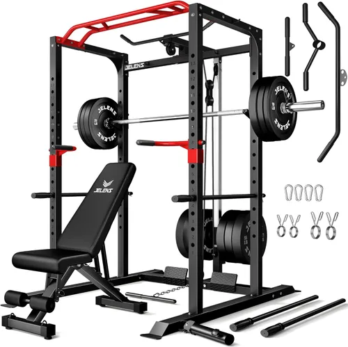 Miniatura 18 de Jaula de potencia JELENS, banco multifunción S11 con capacidad de 2000LBS, barra para sentadillas con sistema de poleas ajustable y más accesorios
