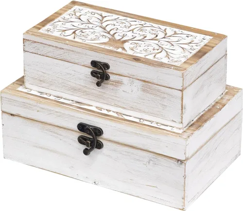 Miniatura 10 de 2 cajas de recuerdo de madera tallada con tapa con árbol de la vida, cajas de almacenamiento decorativas para decoración del hogar, caja