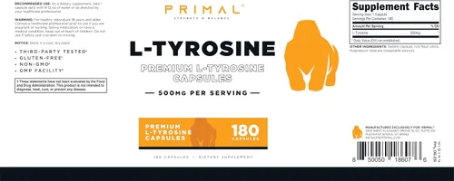 Miniatura 5 de Primal Cápsulas de L-tirosina (180 cápsulas/500 mg por porción) Suplemento de aminoácidos de tirosina