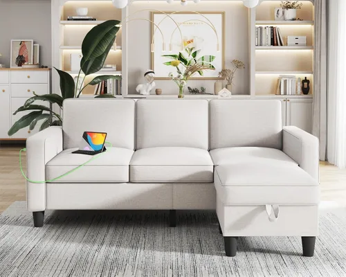 Miniatura 7 de Sofás seccionales para sala de estar, sofá convertible de 3 plazas en forma de L con puerto de carga USB otomano de almacenamiento, sofá moderno