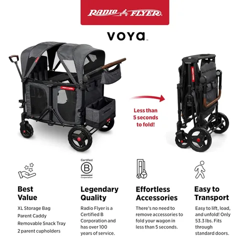 Miniatura 5 de Radio Flyer Voya XT Cochecito Vagón para Bebé – Carrito Rodante de Juego al Aire Libre y Carrito de Playa con Ruedas, Vagón Cochecito Cuádruple