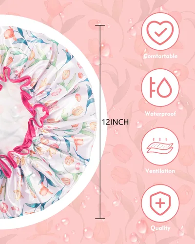 Miniatura 3 de Aquior Gorro de ducha para mujer, impermeable, reutilizable, con elástico suave, tamaño grande para cabello largo, bonito gorro de baño para ducha