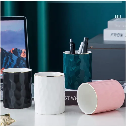 Miniatura 5 de Soporte de Bolígrafos de Cerámica Caddy, Taza, Organizador de Lápices, Soporte para Brochas de Maquillaje para Escritorio de Oficina en Casa (Blanco)