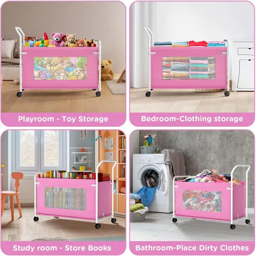 Miniatura 8 de KEEGH Caja de juguetes extra grande para niños con ruedas giratorias de 360°, cofre de juguetes resistente para niños y niñas, organizador de Rosa