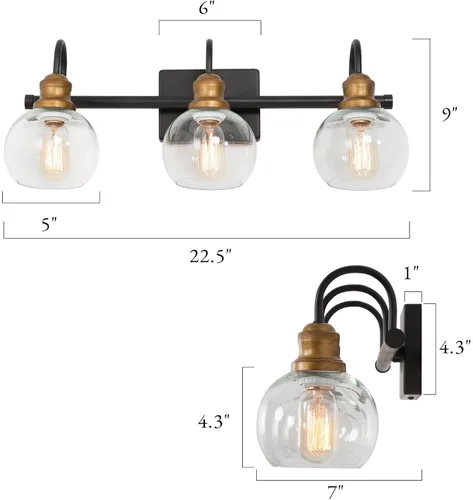 Miniatura 4 de KSANA Luminaria de Baño Estilo Granja, Lámpara de Tocador Moderna Negro Dorado de 3 Luces con Pantalla de Vidrio Transparente Abierta, Lámpara