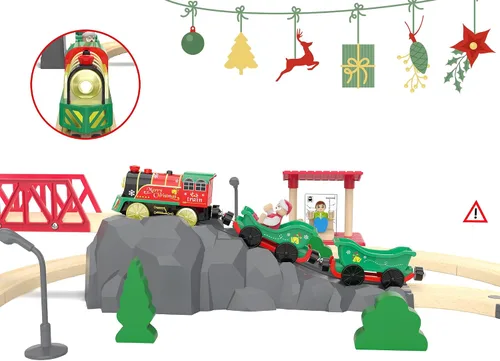 Miniatura 5 de Juego de tren eléctrico para pistas de madera, juguete de trenes a batería con luces y sonidos para niños pequeños, tren motorizado para niños