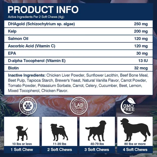 Miniatura 7 de Suplemento Omega 3 para la piel y el pelaje para perros, 200 masticables, suplementos de aceite de pescado para perros con ácidos grasos EPA y DHA