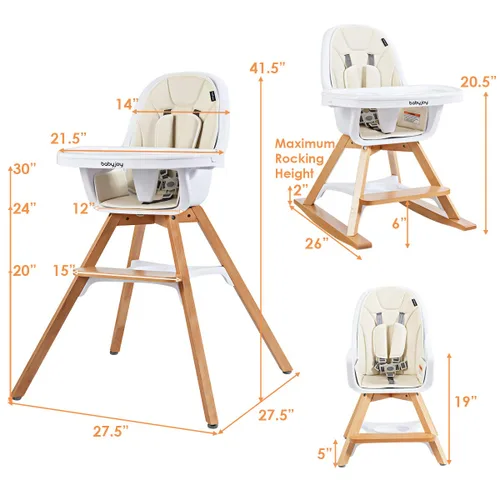 Miniatura 7 de BABY JOY Silla alta 3 en 1, silla alta convertible Baby Eat & Grow de madera, silla mecedora, asiento elevador, sillas de comedor para bebés