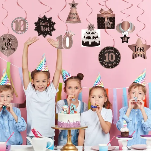 Miniatura 5 de Decoraciones colgantes de techo de remolinos de 10 años, 10 espirales colgantes de papel de aluminio con recortes para 10 años de edad, suministros