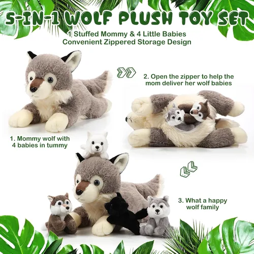 Miniatura 4 de Shappy Juego de 5 juguetes de peluche de lobo de 16 pulgadas con 4 lobos bebés interactivos para niños, niñas, graduación, regreso a clases