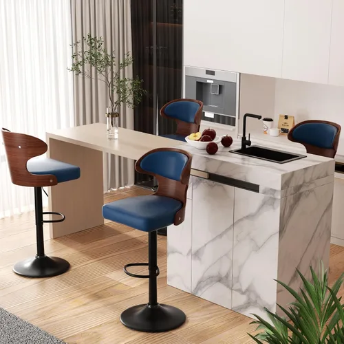Miniatura 9 de Nalupatio Juego de 1 taburete de bar con altura ajustable de 24.5 a 33.5 pulgadas, taburetes de bar giratorios de madera curvada con respaldo