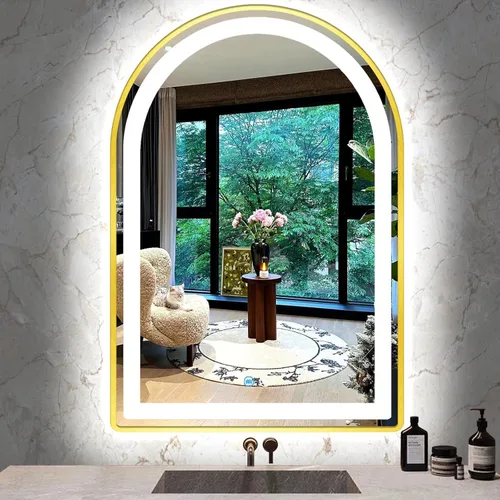 Miniatura 9 de Espejo LED de arco dorado de 16 x 24 pulgadas para baño, pared, maquillaje, mesa, escritorio, espejo de tocador dorado con luces, memoria