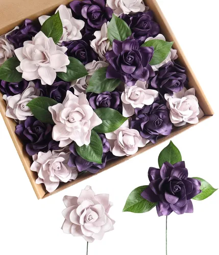 Miniatura 5 de D-Seven Flores artificiales, 25 piezas de flores de Gardenia con tallo para flores de boda, centros de mesa, despedida de soltera, baby shower