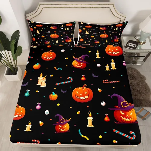 Miniatura 10 de Erosebridal Sábana bajera ajustable de Halloween, diseño de calabaza de dibujos animados, diseño de arco iris para niños, niñas, adolescentes