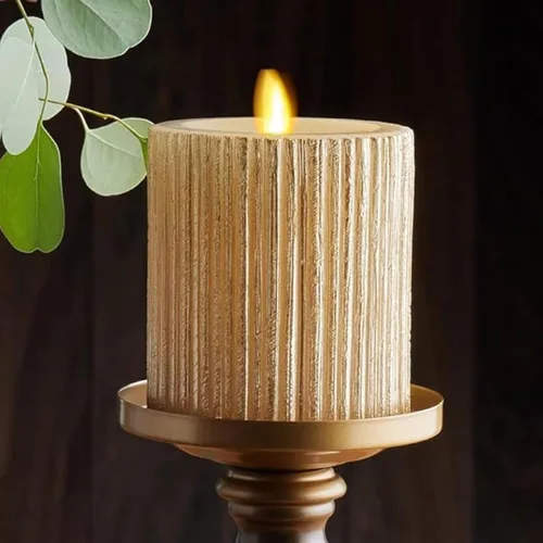Miniatura 9 de Luminara Pilar metálico en relieve, vela LED gris sin llama de 3.25 x 6.5 pulgadas, tecnología de llama real a pilas con función de temporizador