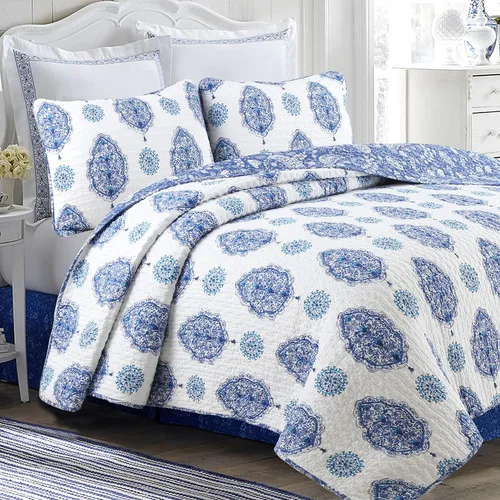 Miniatura 19 de Cozy Line Home Fashions Nina Trista Flowers - Juego de ropa de cama reversible 100% algodón con cinta azul aguamarina, estampado floral gris, colcha