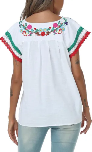 Miniatura 7 de YZXDORWJ Blusa tradicional colorida con encaje bordado mexicano para mujer, camiseta tricolor para el día de la independencia mexicana