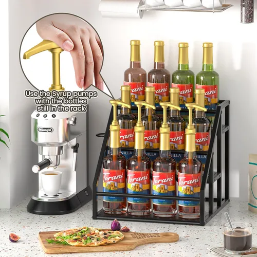 Miniatura 5 de Organizador de jarabe de café, estantes para especias, soporte para botellas de jarabe para barra de café, 3 niveles para 12 botellas, estantes