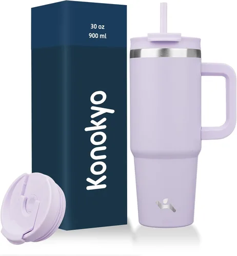Miniatura 44 de Konokyo - Vaso de 40 onzas con asa y 2 pajillas, botella de agua aislada 2 en 1 con tapa. Taza de viaje de acero inoxidable para café, flores