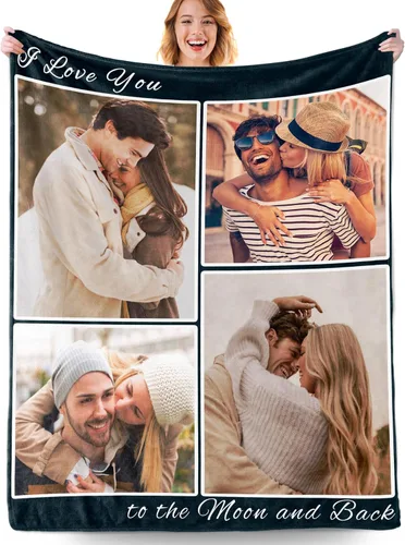Miniatura 17 de Manta personalizada con fotos, manta personalizada con fotos con texto en inglés "I Love You", regalo de cumpleaños para novia, novio, esposa