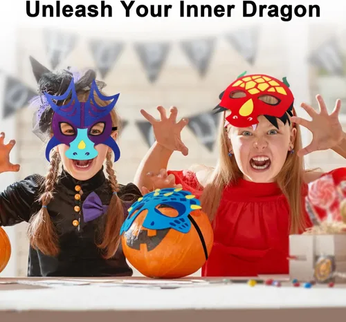 Miniatura 6 de iROLEWIN Paquete de 12 máscaras de dragón de fieltro para niños, recuerdos de fiesta, juguetes de dinosaurio, disfraces para niños y niñas, regalos