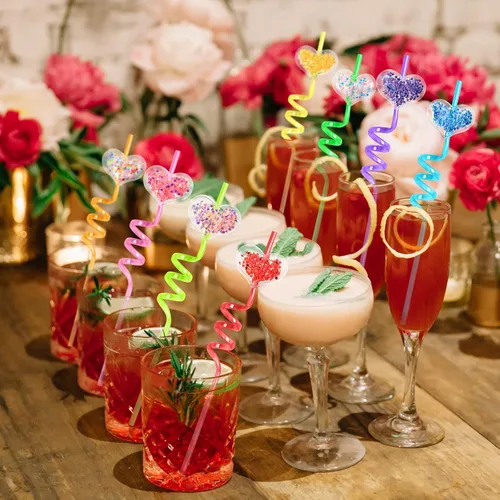 Miniatura 7 de 24 popotes de plástico con purpurina de 8 colores para el día de San Valentín, con 2 cepillos de limpieza