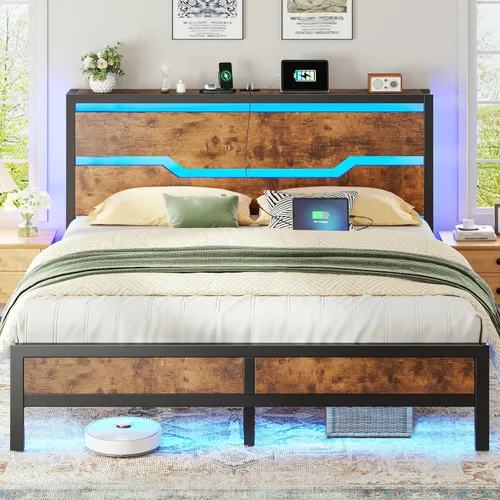Miniatura 8 de Homkdom - Estructura de cama tamaño matrimonial con luces LED y estación de carga, estructura de cama completa con cabecero de almacenamiento, 13