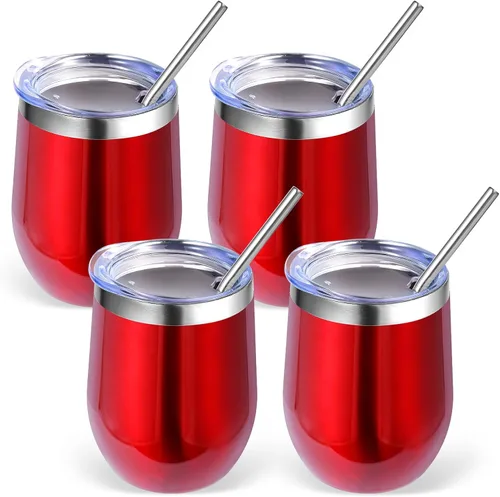 Miniatura 54 de Volhoply - Juego de 12 vasos de vino de 12 onzas con tapa, hechos de acero inoxidable con aislamiento al vacío de doble pared, vasos de vino sin Rosa