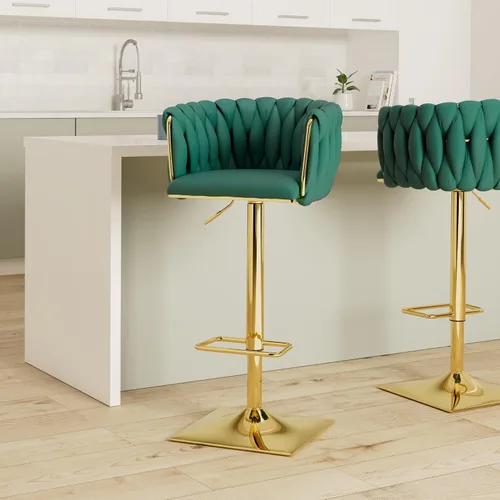 Miniatura 2 de Juego de 2 taburetes de bar giratorios de terciopelo, taburetes de bar ajustables y cómodos, silla de comedor moderna con respaldo tejido, taburetes