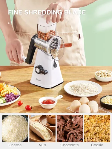 Miniatura 4 de Reemix - Rallador rotativo de queso con asa, triturador de queso vegetal para cocina, 3 cuchillas intercambiables para queso, papa, calabacín, Blanco