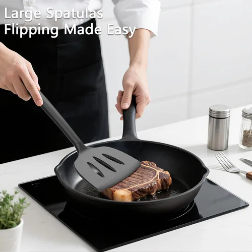 Miniatura 3 de Coukre Juego de 3 espátulas de silicona, resistentes al calor, sin BPA, espátula de pescado, espátula sólida y ranurada para sartenes negro puro