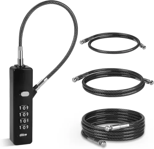 Candado de cable de combinación de 4 dígitos, 3 cuerdas de acero trenzadas intercambiables (9"/23.6"/47.2"), cerradura de alambre antirrobo Blck