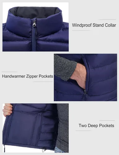 Miniatura 13 de Bakery Chaleco de plumón ligero plegable para hombre, chaleco acolchado con cuello alto, chaleco con cremallera, chaqueta sin mangas