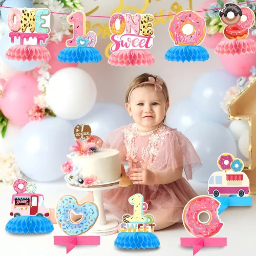 Miniatura 7 de 10 piezas de decoración de fiesta de cumpleaños de un año, primera mesa de donas, centros de mesa de panal de abeja, decoraciones de primer