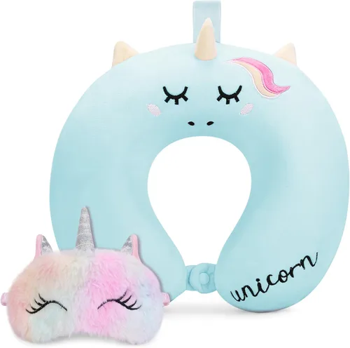 Almohada de cuello para niños pequeños, almohada de cuello de viaje para niños para viajar con máscara para los ojos, artículos esenciales de viaje