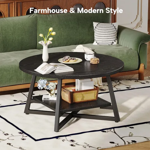 Miniatura 4 de Mesa de café para sala de estar, Mesa de café redonda, Mesa de café pequeña circular con almacenamiento, Mesa de centro redonda moderna de madera
