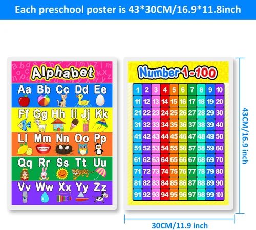 Miniatura 5 de Blulu Póster laminado preescolar para niños pequeños y niños, 2 piezas de póster laminado completo del alfabeto y número 1-100 para guardería