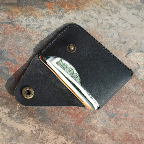 Miniatura 6 de Cartera organizadora de tarjetas de bolsillo frontal cosida a mano minimalista de cuero genuino para tarjetas, billetera con tarjetero pequeño, Negro